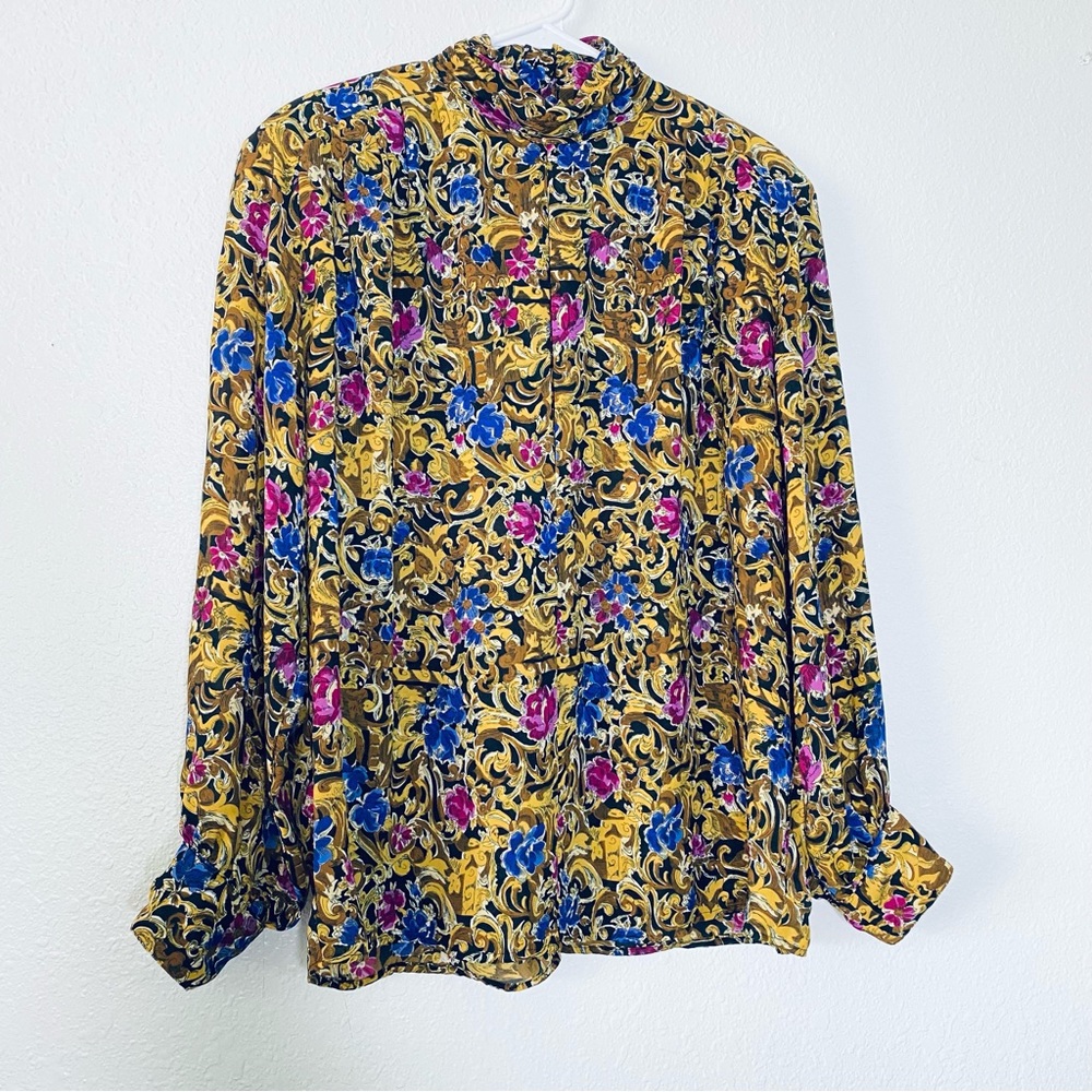 🍓 Jordan Vintage Boho Floral Pleated Front Turtleneck Modest Blouse 8